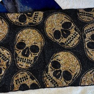 NWT Beaded Black & Gold Halloween Skull Table Runner Centerpiece